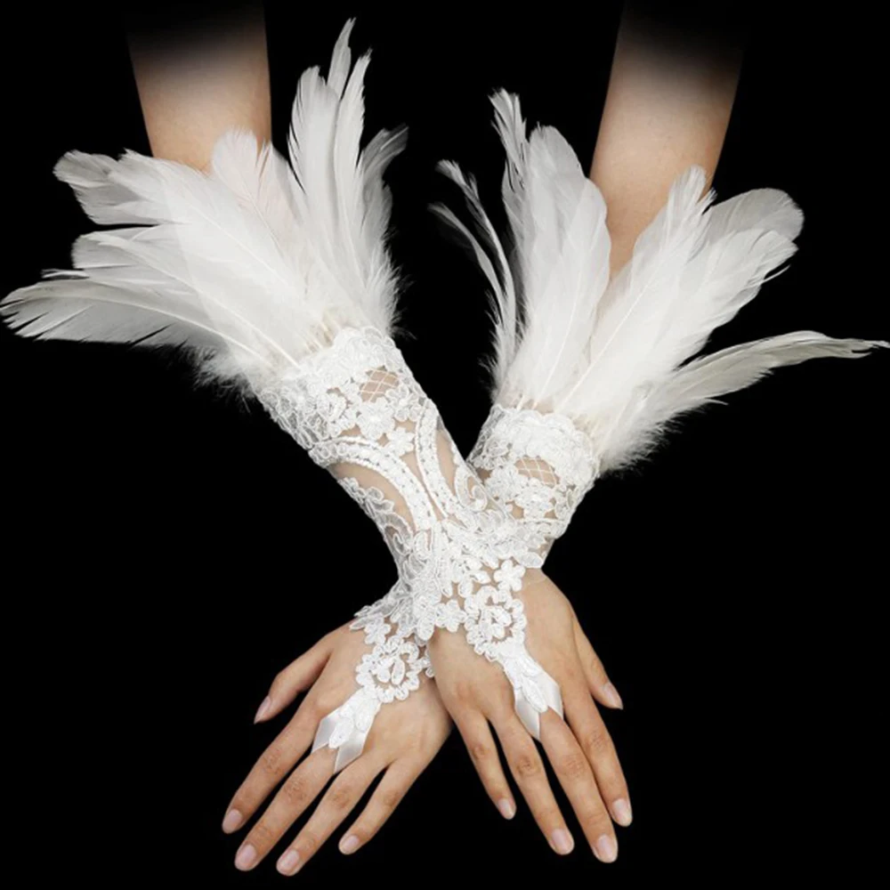 

Lace Feather Long Gloves Wristband Gothic Mesh Arm Sleeve Halloween Party Hook Embroidery White Mittins Female Stage Accessory