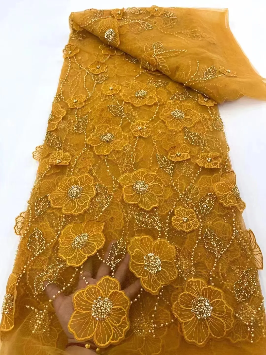 

Gold Luxurious 3D Flowers Fabric 2024 High Quality French Embroidery Nigerian Sequins Beaded Lace Fabrics For Wedding Dress