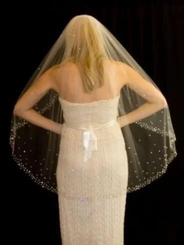 1 Tier White Ivory Fingertip Veils Crystals beaded Bridal Wedding Veil With Comb
