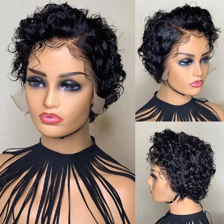 Human Hair 13X4X1 Lace Front Wigs Water Wave Short Curly Pixie Cut Pre Plucked For Women Natural Looking For Daily Use