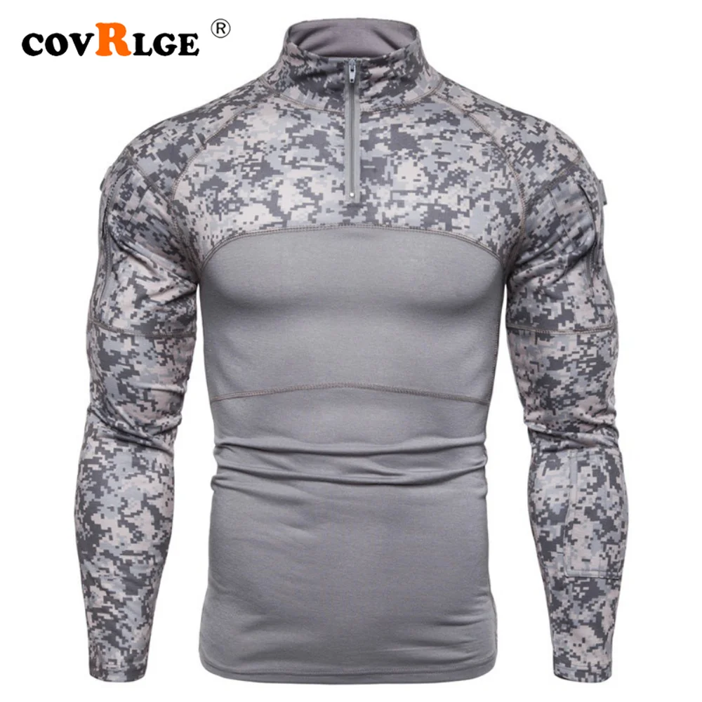 

Covrlge Men's High-neck Patchwork T-shirt Military Field Sport Fitness Camouflage Long-sleeve Zippered Pocket Elastic Top MTL174