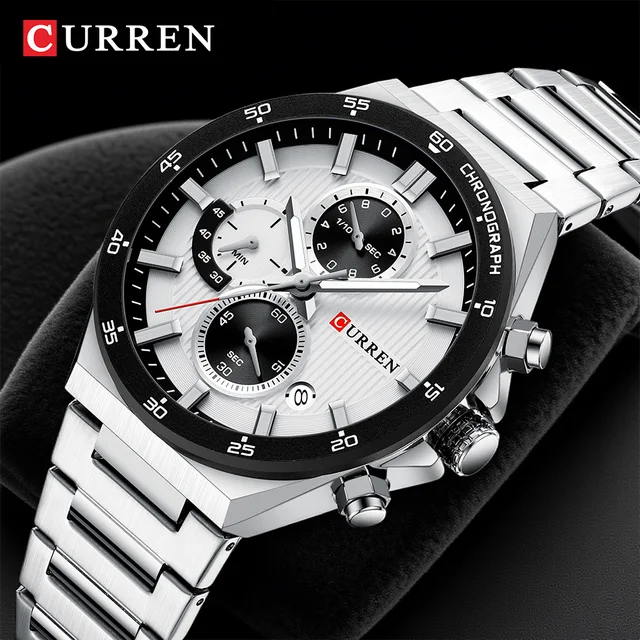 CURREN Men's Panda Chronograph Watch White Dial Black Sub-dials Elegant Sport 43mm Dial Quartz Wristwatch with Luminous Hands