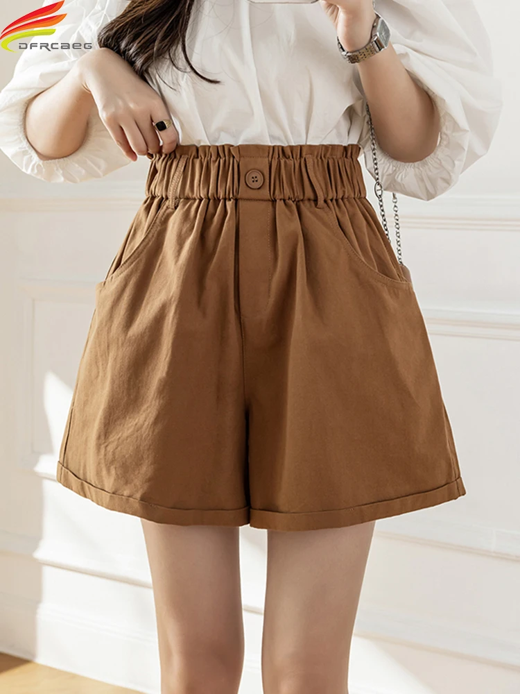 

DFRCAEG Summer 2023 Cotton Shorts For Women High Elastic Waist Loose Pants Female Wide Leg Crimping Korean Casual Short Femme