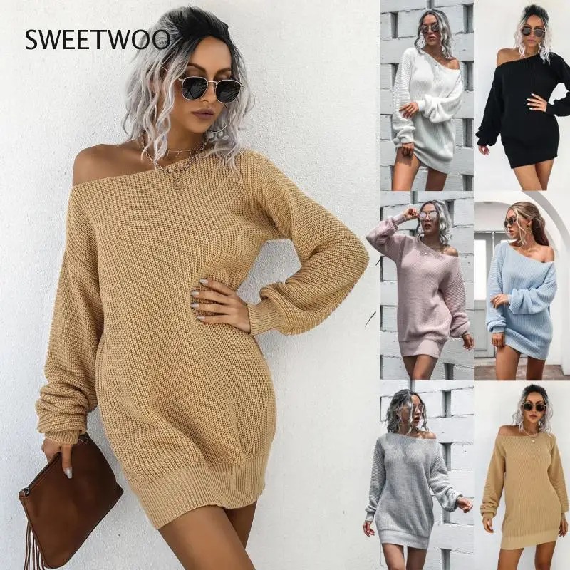 

Winter Women's Mini Sweaters Dress 2022 Lantern Sleeve Oversized Fashion Knitted Dress Casual Loose Solid Color Female Clothing