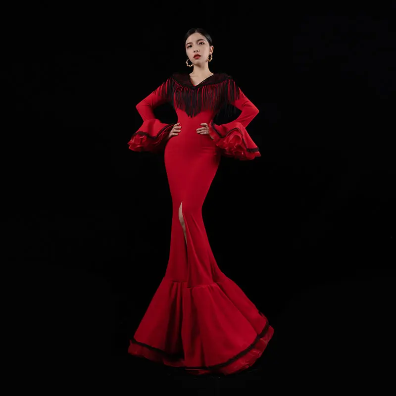 

Baisha V-Neck Red Evening Dress Tassels Ruffle Edge Sleeves Fashion Split Slim Fit For Banquet Party Elegant Mermaid Dress H591