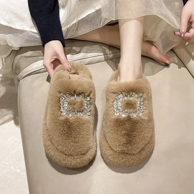 

Winter Women's Keep Warm Fur Flat Slippers New Fashion Closed Toe Platform Casual Slippers for Women Indoor Home Cotton Shoes