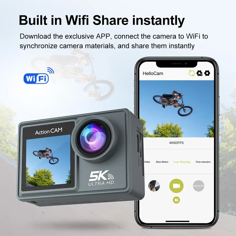 Action Camera 2 Inch IPS Dual Screen Action Camera 5K 30FPS 48MP WiFi Waterproof 30M Underwater Camera 1080P Webcam Vlog WiFi Sports Cam