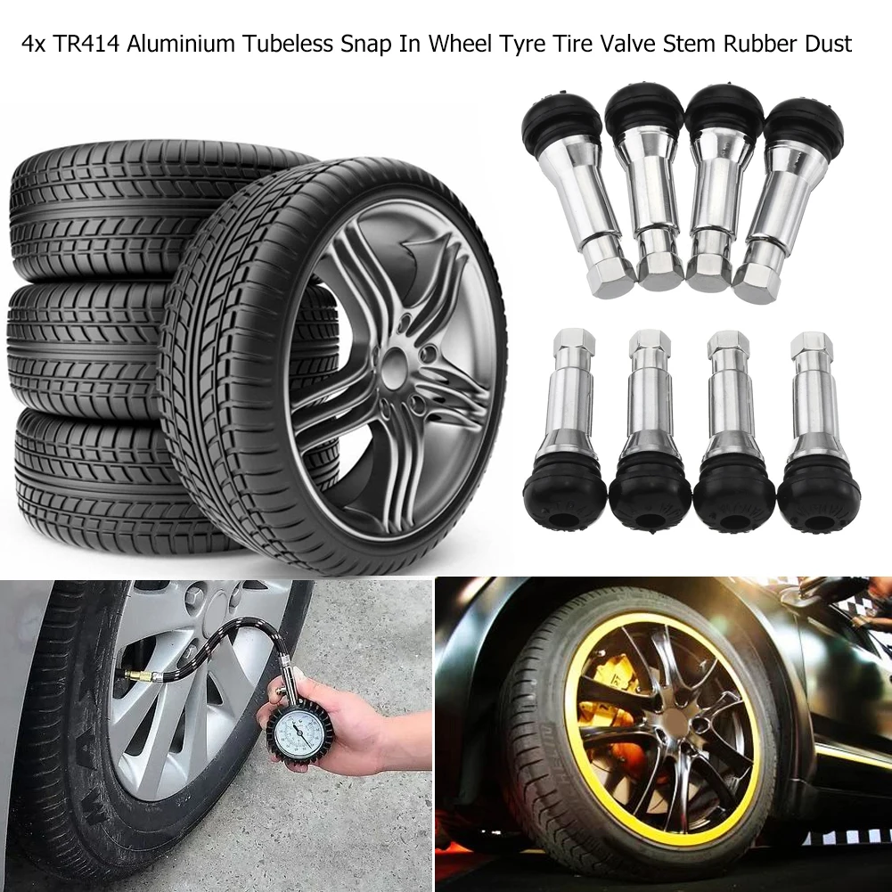 4pcs TR414 Chrome Tubeless Snap In Wheel Tire Valve Stems Rubber Dust Caps