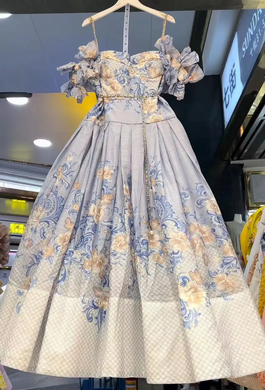

2024Summer Australia Vacation Style Flower Print Dress Button with Belt Temperament Midi Skirt Thirteen Rows