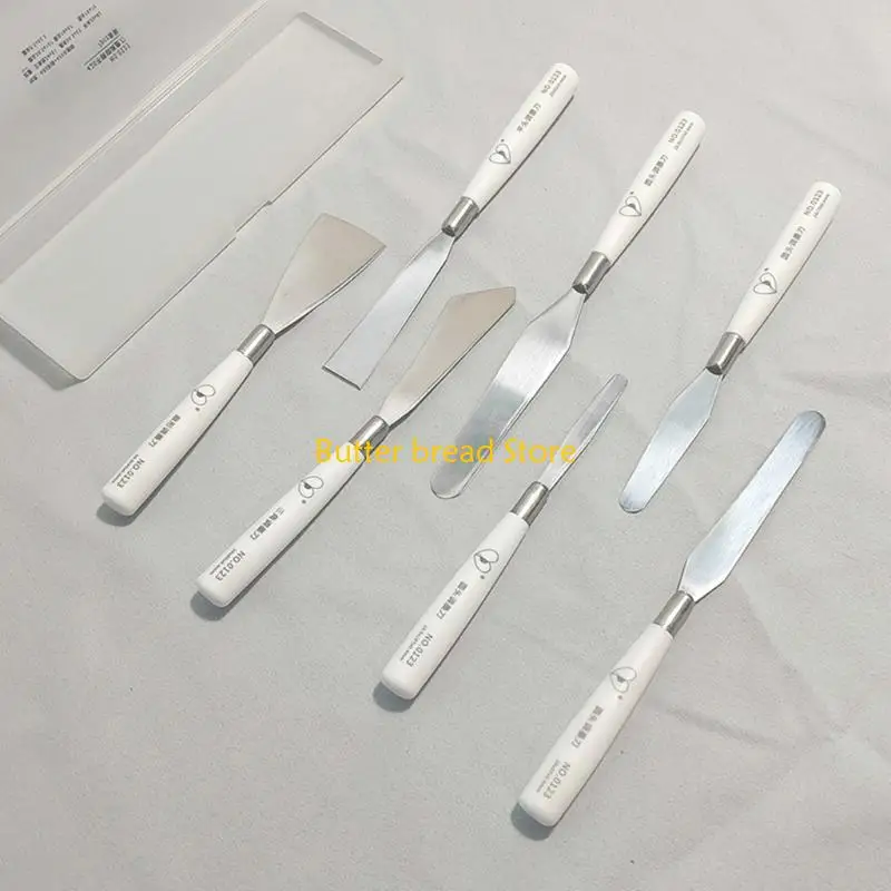 W89C 7Pcs 나무 손잡이 그림 주걱 스테인레스 스틸 팔레트 도구 페인트 혼합 스크레이퍼 아크릴 페인트 오일 페인트 적용