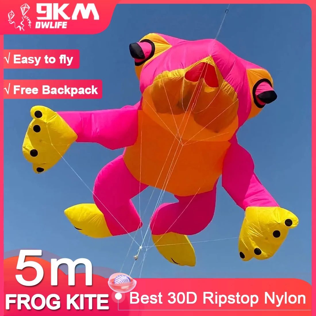 

9KM Giant 5m Frog Kite Line Laundry Kite Soft Inflatable 30D Ripstop Nylon with Bag for Kite Festival (Accept wholesale)