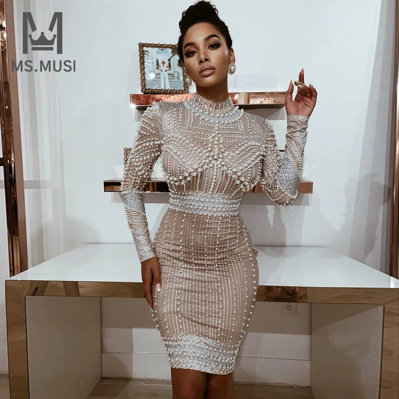 

MSMUSI 2022 New Fashion Women Sexy Strand Neck Pearl Beading Crystal Full Long Sleeve Bodycon Lace Mesh Party Club Midi Dress