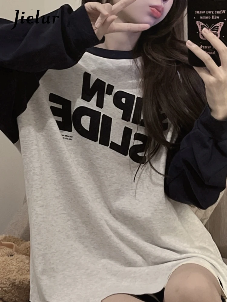

Jielur Модные корейские свободные женские толстовки с буквенным принтом, винтажный базовый простой пуловер контрастных цветов с круглым вырезом, повседневные женские толстовки