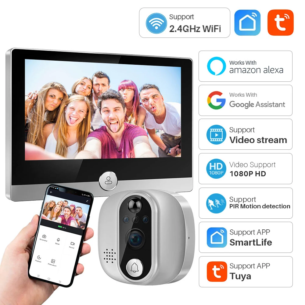 

Tuya Video Doorbell WiFi Peephole Door Bell IP Camera 1080P With 4.3inch Display Screen Smart Life Works With Alexa Google Home