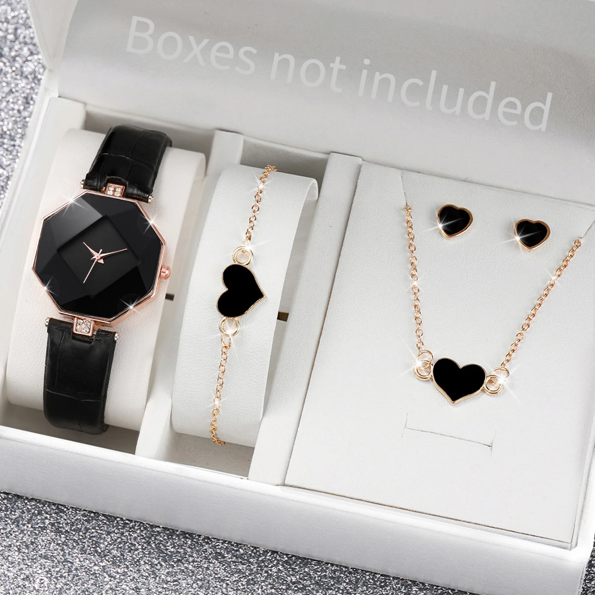 Womens Watch 5PCS/Set Fashion Leather Band Analog Quartz Heart Jewelry Set(Without Box)