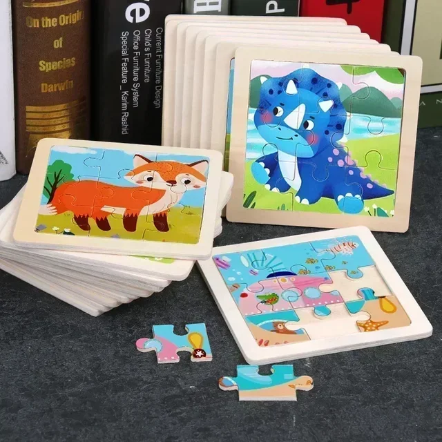 Wooden Mini Puzzle Toys 9-piece Cartoon Animal Traffic Tangram Educational Learning Jigsaw Montessori Toy for Children Gifts 1