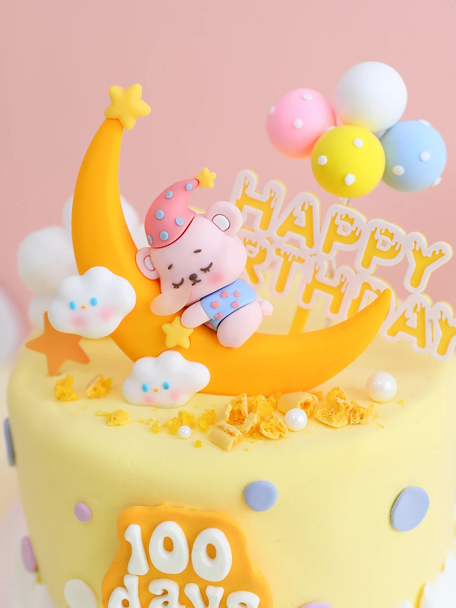 Children's Baking Cake Decoration Cute Big Moon Sound Asleep Bear Cake  Topper Doll Ornaments Cartoon Birthday Happy Insert Sign - AliExpress, image size:900x1200
