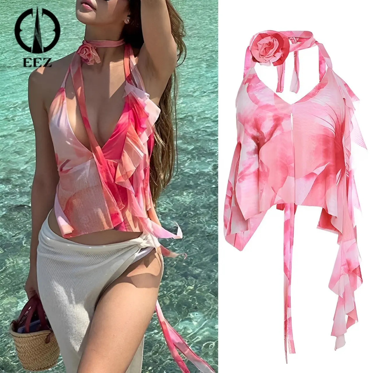 

Pink Floral Backless Banadage Crop Top Women Sexy Camis Ruffles V Neck Summer Mesh Tank Tops Y2K Vacation Water Sports Clothing