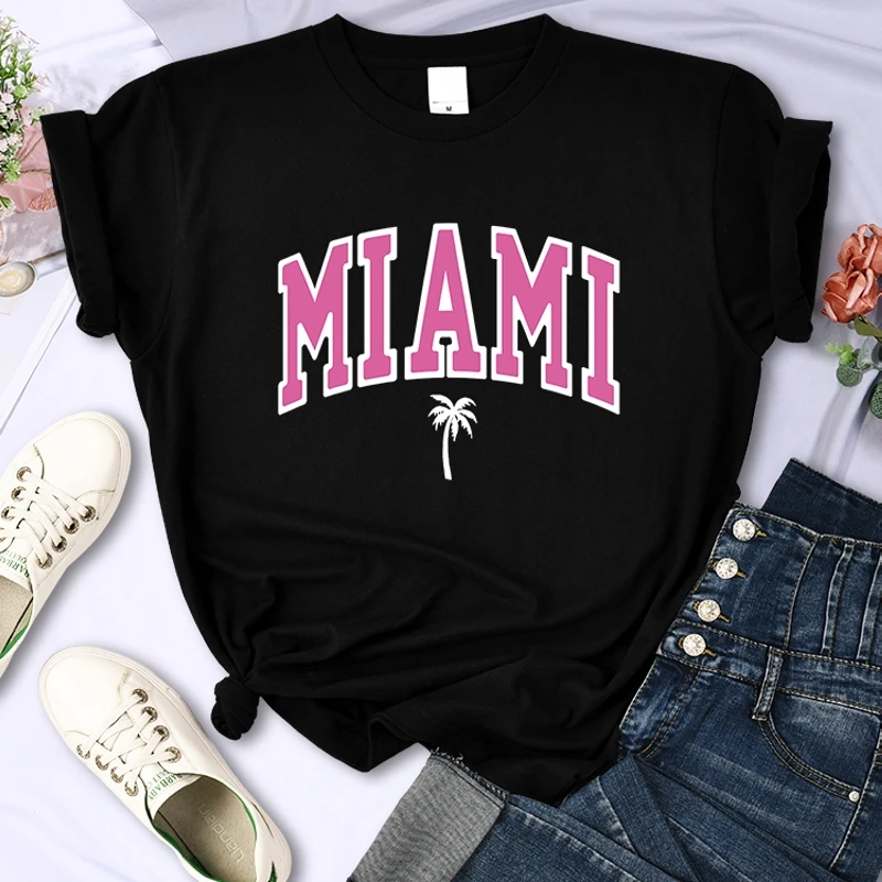 Women Summer Tees Miami Beach Florida Street Printed T-Shirt Breathable Short Sleeve Wear Soft T Shirts Loose Casual Y2k Clothes