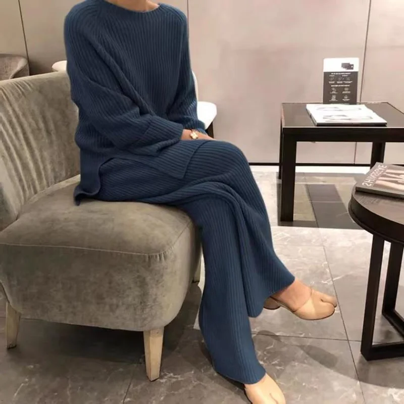 2023 Autumn Winter Knitted Sweater Two-Piece Set Women Turtleneck Top Warm Thick Pants Suits Female Casual Pullover Tracksuits