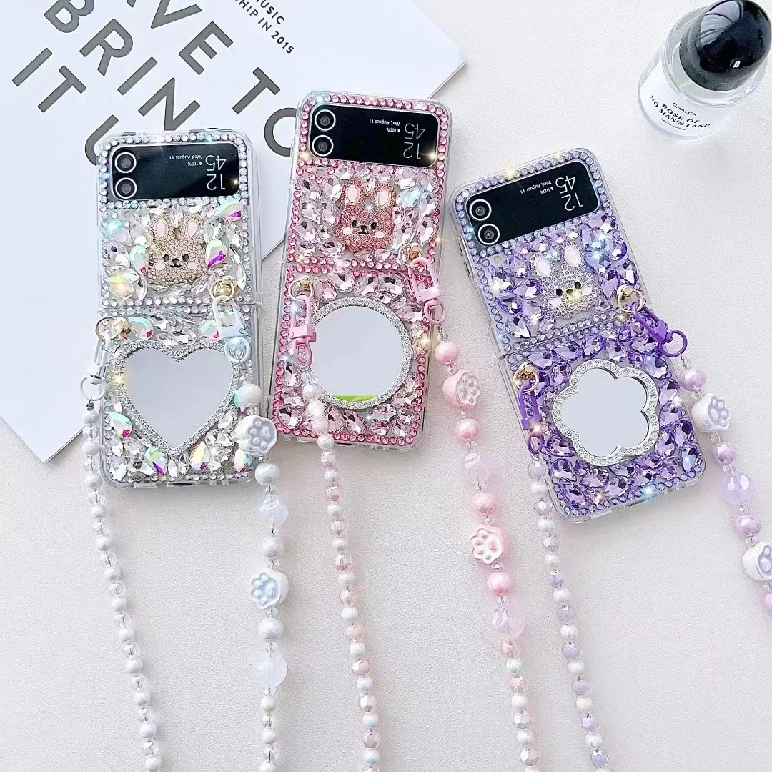 

Capa For Samsung Galaxy Z Flip 2 1 4G 4 3 5G Fashion Bling Diamond Rabbit Mirror Phone Case Cover With Crystal Pearl Long Chain