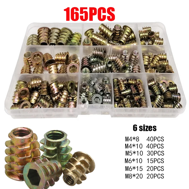 Inserção de Rosca Embutida Porca m4 m5 m6 m8 M10 Hex Hexagonal Soquete Cabeça de Madeira Móveis Cama Gabinete de Mesa E-porca Conjunto Kit 70 100 165 Pcs