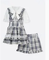 Japanese Sweet Cute Bow Short Sleeve Doll Collar Lace Fungus Lace Ribbon Slim Cake Lolita Pink Plaid Dresses Shorts Suits Women