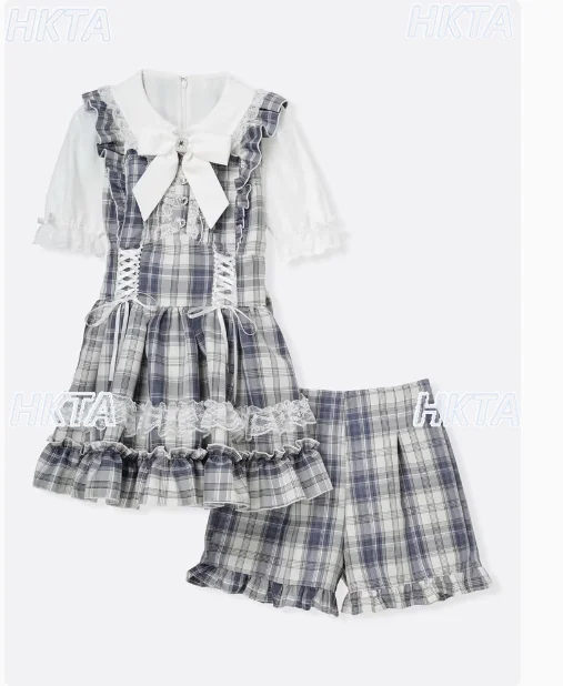 Japanese Sweet Cute Bow Short Sleeve Doll Collar Lace Fungus Lace Ribbon Slim Cake Lolita Pink Plaid Dresses Shorts Suits Women