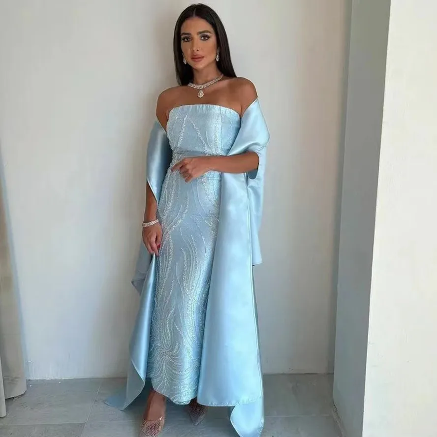 

Sky Blue Sheath Prom Dresses Strapless Long Elegant Party Women Wear for Evening with Wraps Saudi Arabia Vestidos De Novia