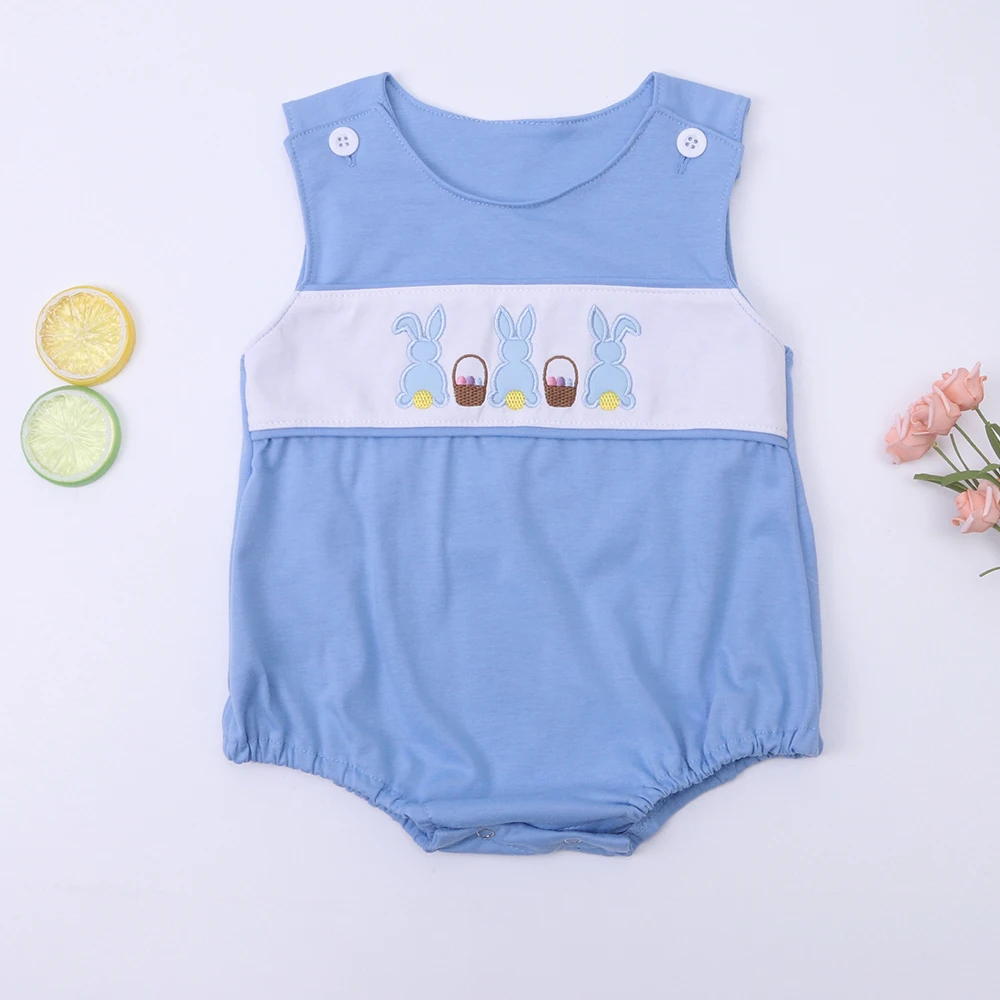 

New Born Boutique Baby Boys Clothes Easter Romper Summer Children Cotton Jumpsuit With Rabbit Embroidery Bluey Mother Kids Set