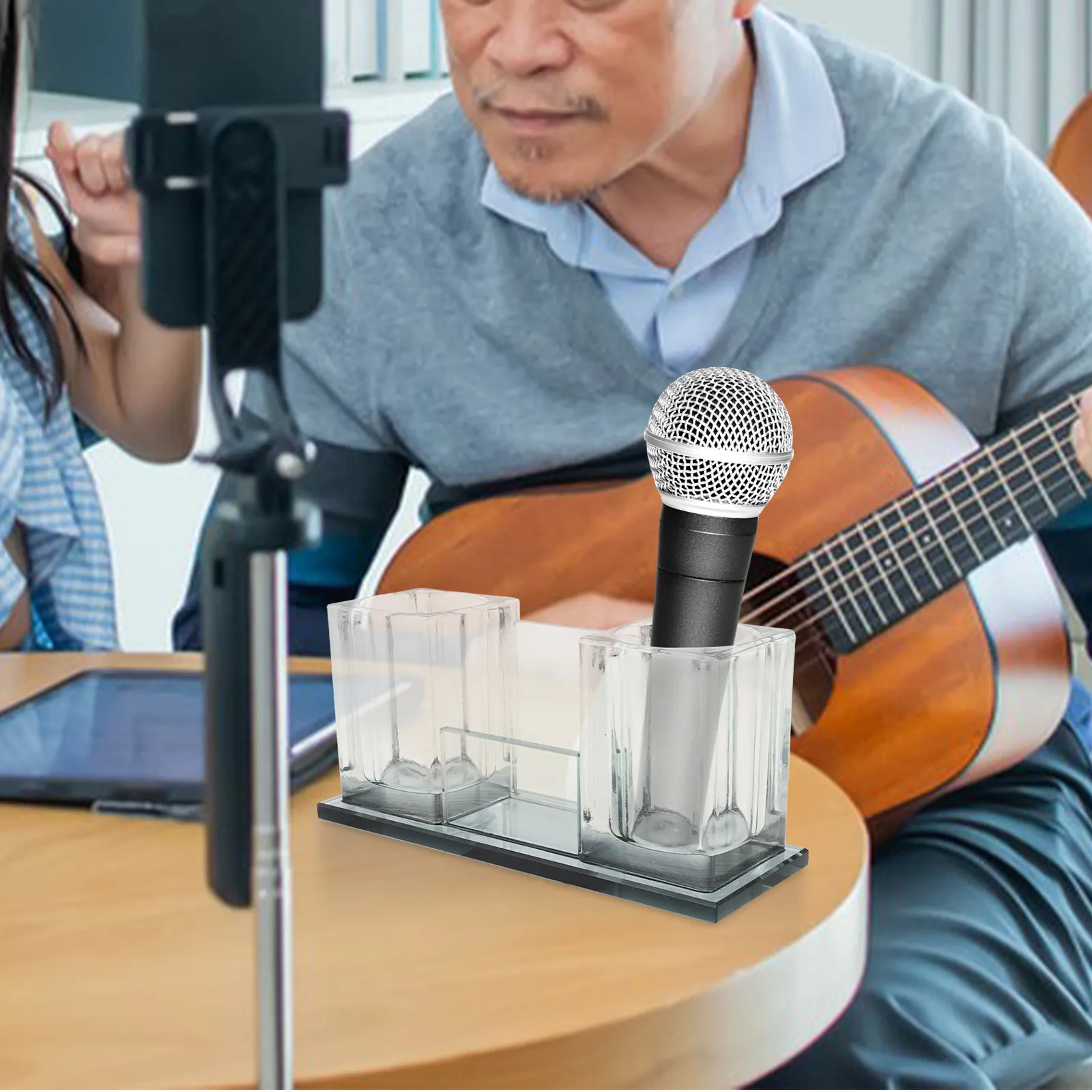안정적인 2슬롯 아크릴 데스크탑 마이크 스탠드, 헤비 베이스 마이크 홀더 (사무실, 가정, 스튜디오, 테이블탑 무선/유선 마이크용)