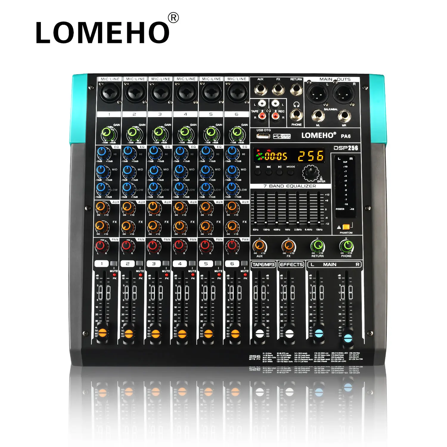 

LOMEHO 256 Digital Effects Mixing Console 6 Channels 7 Band EQ Bluetooth Sound Table 48V USB PC Play Record DJ Audio Mixer PA6