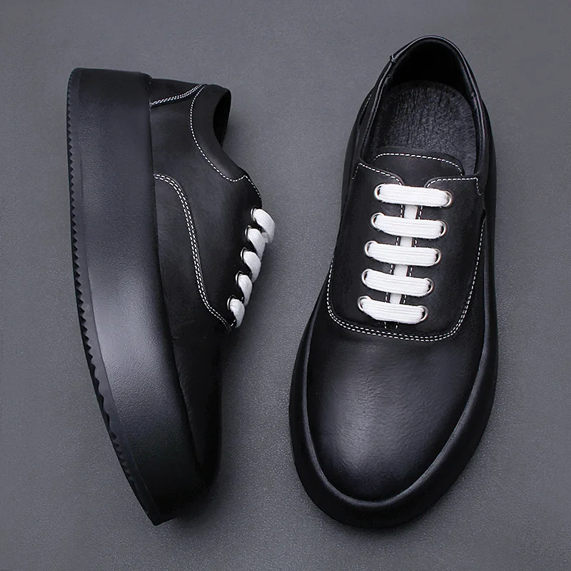 

Europe 2022 summer new leather breathable board shoes thick sole high casual shoes Korean men's shoes fashion single shoes