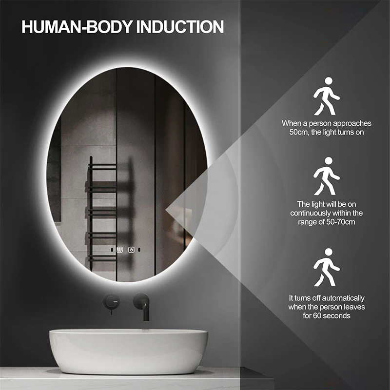 Oval Shape Smart Makeup Bathroom Mirror 3 Color Adjustable LED LIght Multifunction With Bluetooth Speaker Wall Mounted Mirror