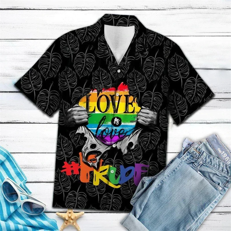 thumbnail image 1 of Camisa hawaiana divertida con calavera de helado para hombres y mujeres, camisetas de verano geniales de manga corta con arcoíris LGBT para parejas, 1 of 5