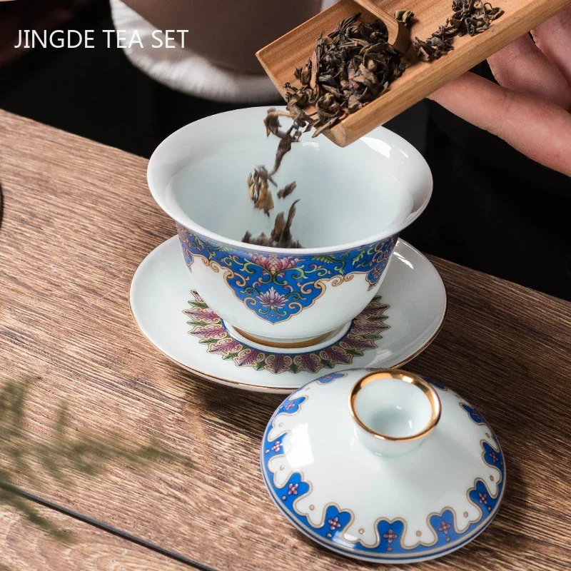 150ml Exquisite Enamel Ceramic Gaiwan Travel Tea Cup Set Handmade Tea Tureen Chinese Teaware Accessories Household Drinkware
