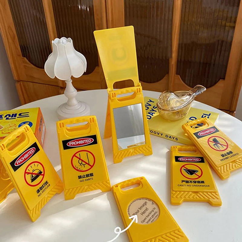 Mini Yellow Roadblock Warning Creative Desktop Prompt Card Folding Makeup Mirror Decoration Student Cute Funny Portable Mirror