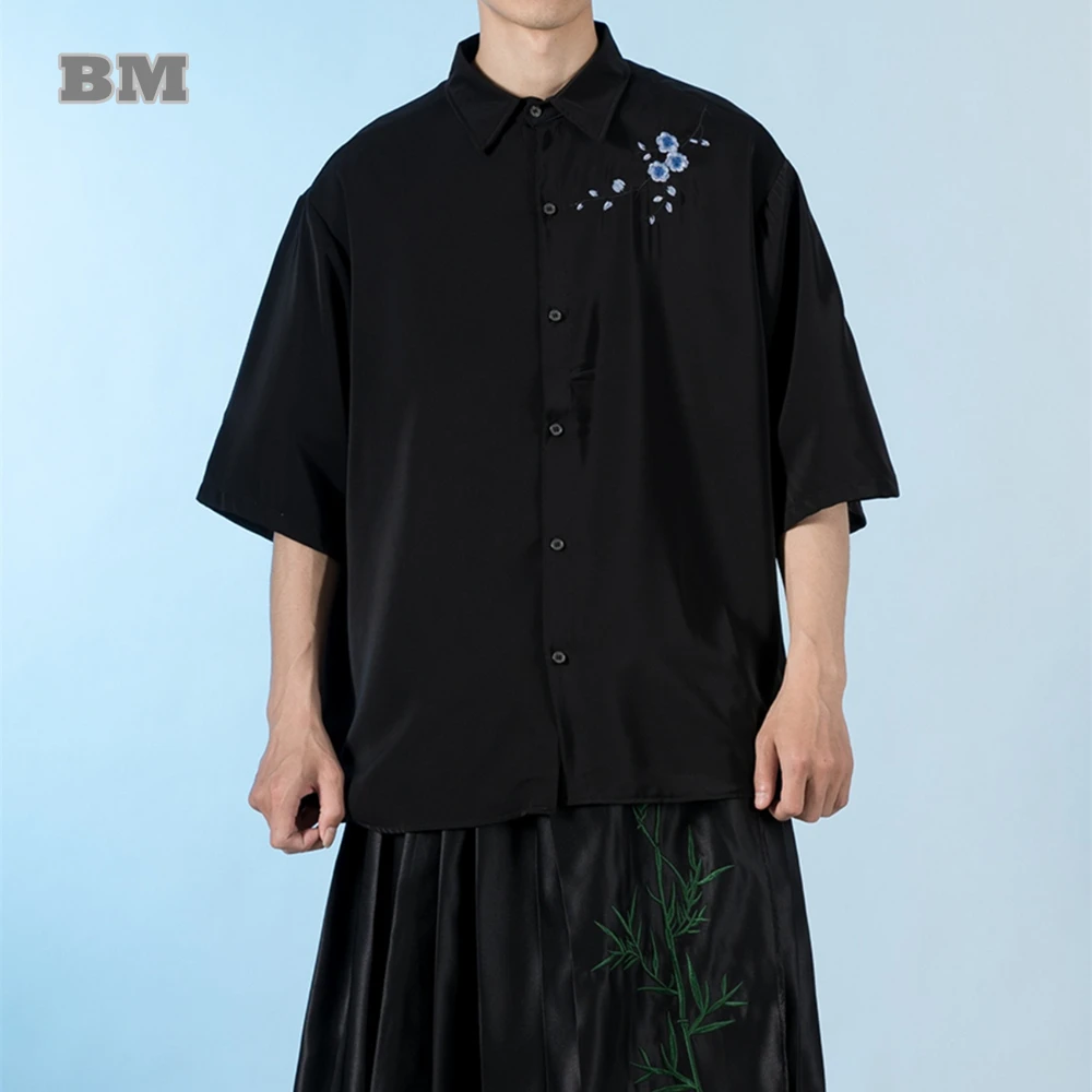 

Summer Chinese Style Vintage Embroidery Short Sleeve Shirt Men Clothing Plus Size Tai Chi Kung Fu Black Tops Male Thin Shirt