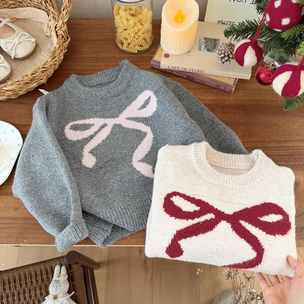 2026 겨울 신상 여아용 두꺼운 따뜻한 다용도 니트 스웨터 어린이용 달콤한 리본 자카드 스웨터