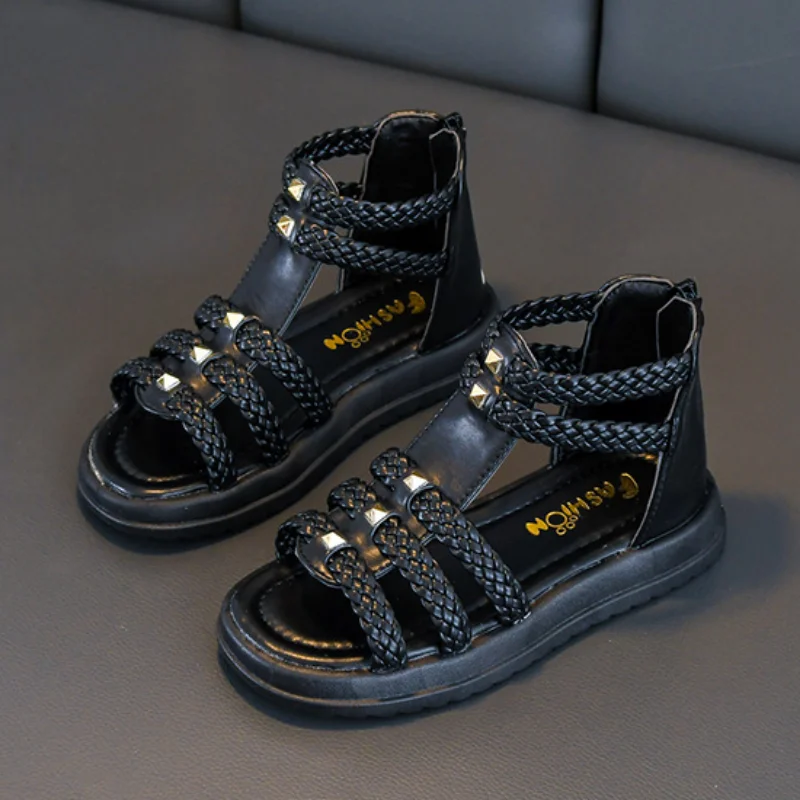 Summer Sandals for Girls 2023 New Versatile Solid Color Korean Style PU Soft Non-slip Flat Casual Weave Roman Shoes for Princess 3