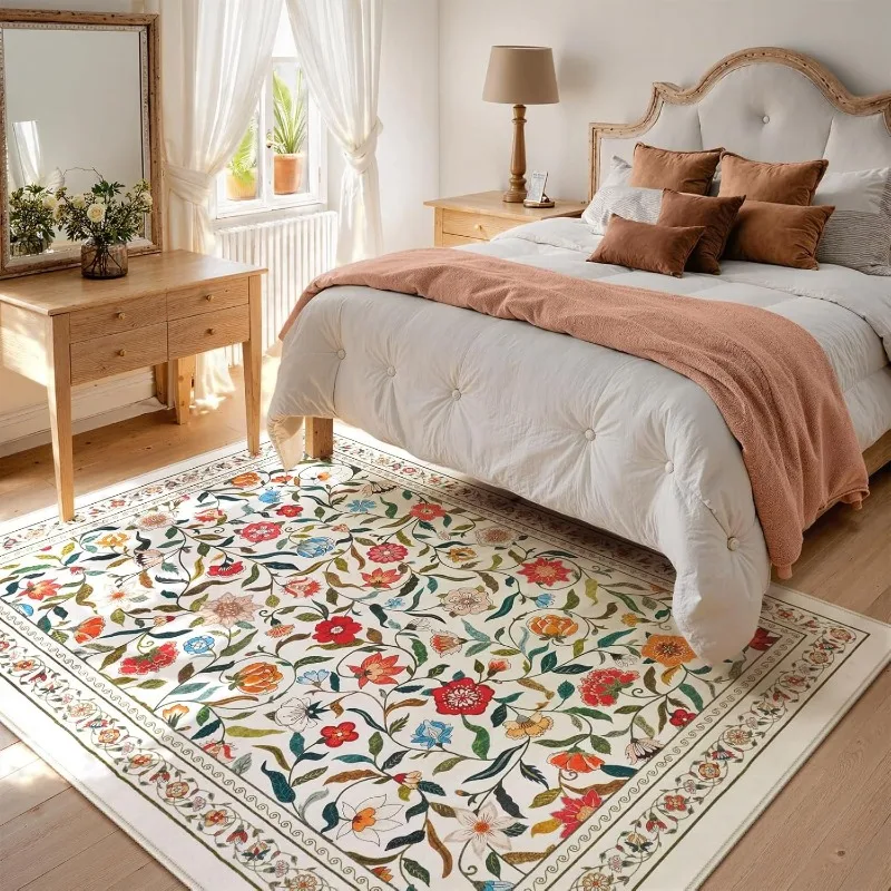 Green Living Room Carpet Large Area Retro Light Luxury Floral Print Bedroom Rug Machine Washable Foldable Coffee Table Mat Ковер