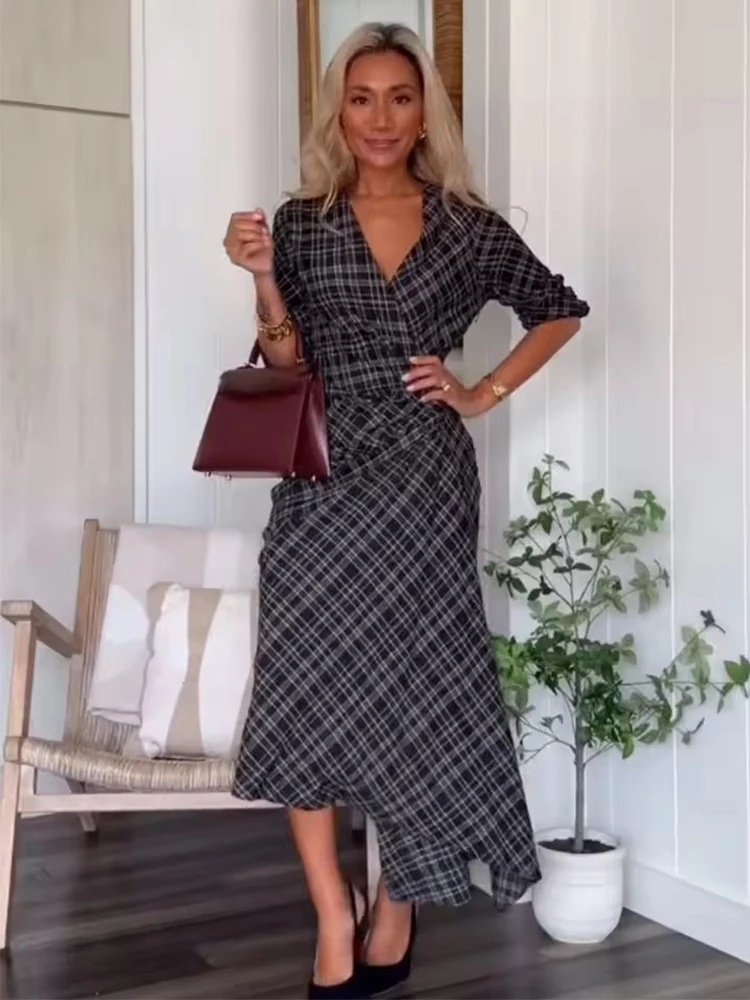 2025 New Women Fashion Plaid V neck Dress Long Dresses Ruched Chic Dresses Women Long Sleeve Casual Autumn Dress