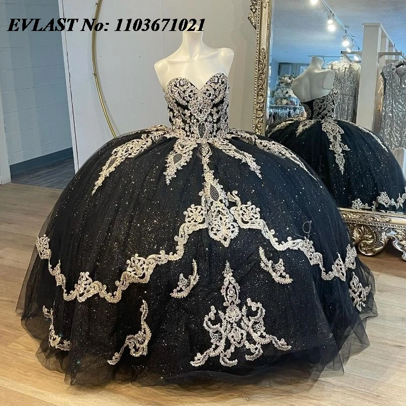 

EVLAST Shiny Black Quinceanera Dress Ball Gown Gold Lace Applique Beaded Crystals Corset Sweet 16 Vestidos De XV 15 Anos SQ95