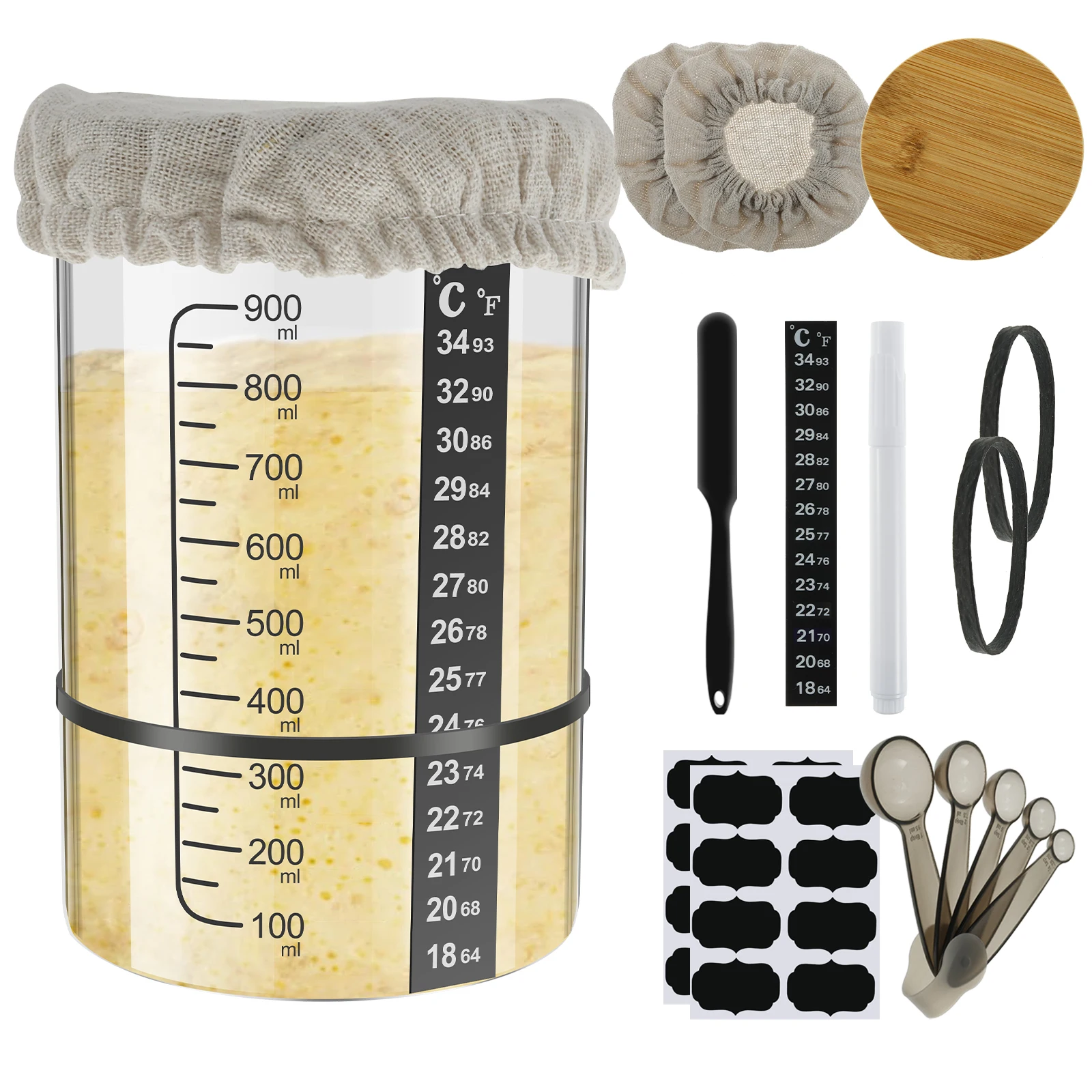 Sourdough Starter Jar Kit 900ml Sourdough Starter Container Wide Mouth Glass Fermentation Jar Cloth
