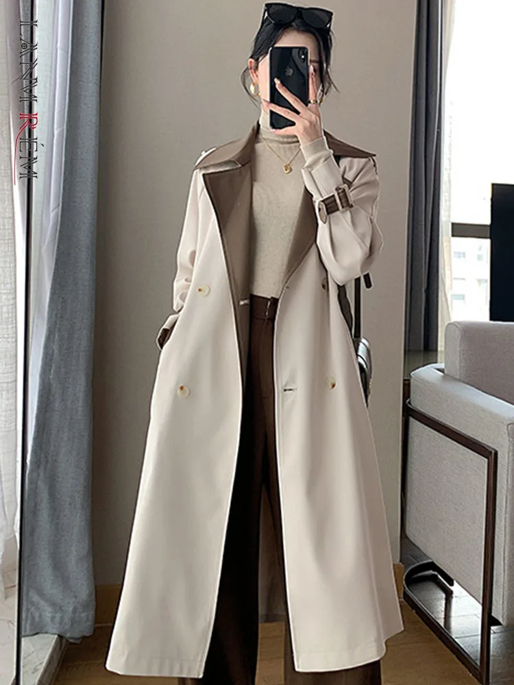 

LANMREM Office Lady Women Trench Coat Contrast Color Lapel Belt Double Breasted Long Windbreaker 2023 Autumn New 2AA2011