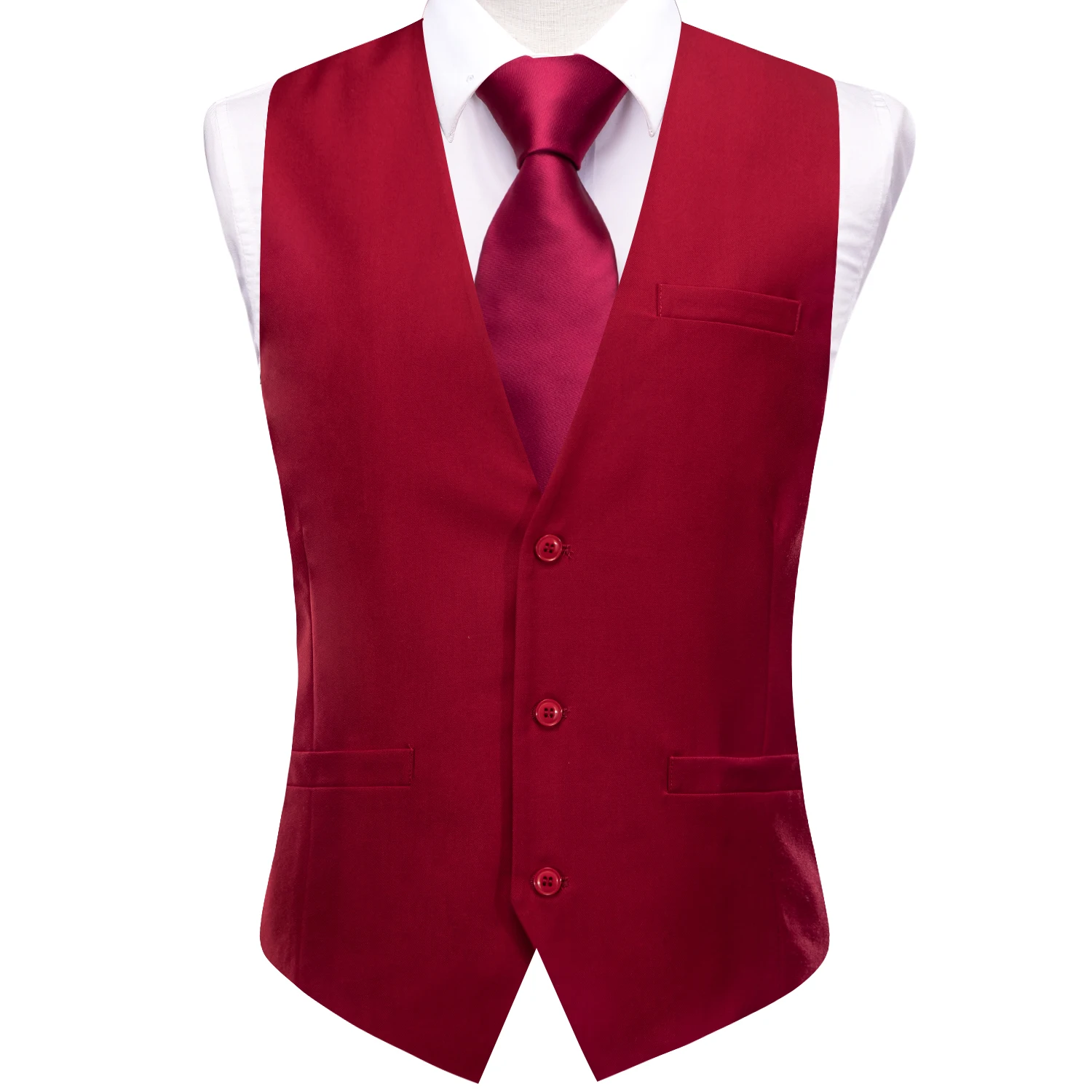 Hi-Tie Red Silk Men's Vest Classic Neck Tie Hanky Cufflinks Brooch Solid Slim Waistcoat Set for Male Suit Wedding Party Designer