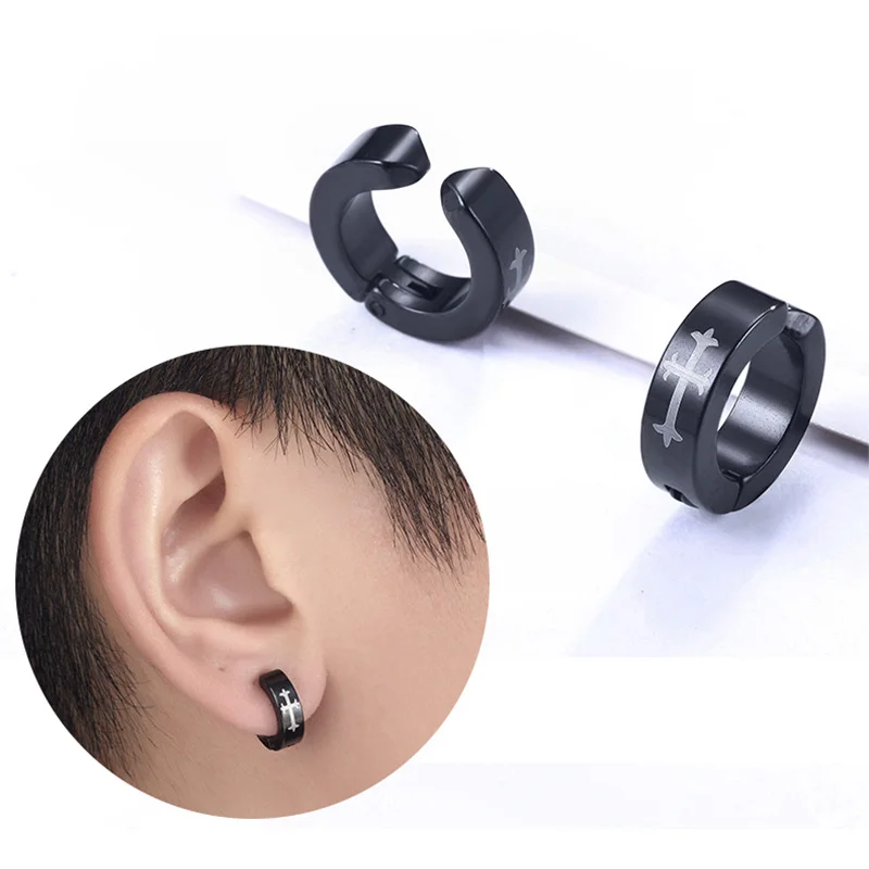 Ear Clip Earrings 2pieces Punk Titanium Steel For Men Women Print Pattern No Pierced