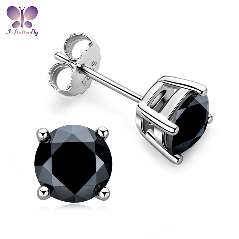 

AButterfly 100% 925 Sterling Silver Black Moissanite Four Claw Stud Earrings Solitaire 6.5mm Round Fine Jewelry Girls Gift