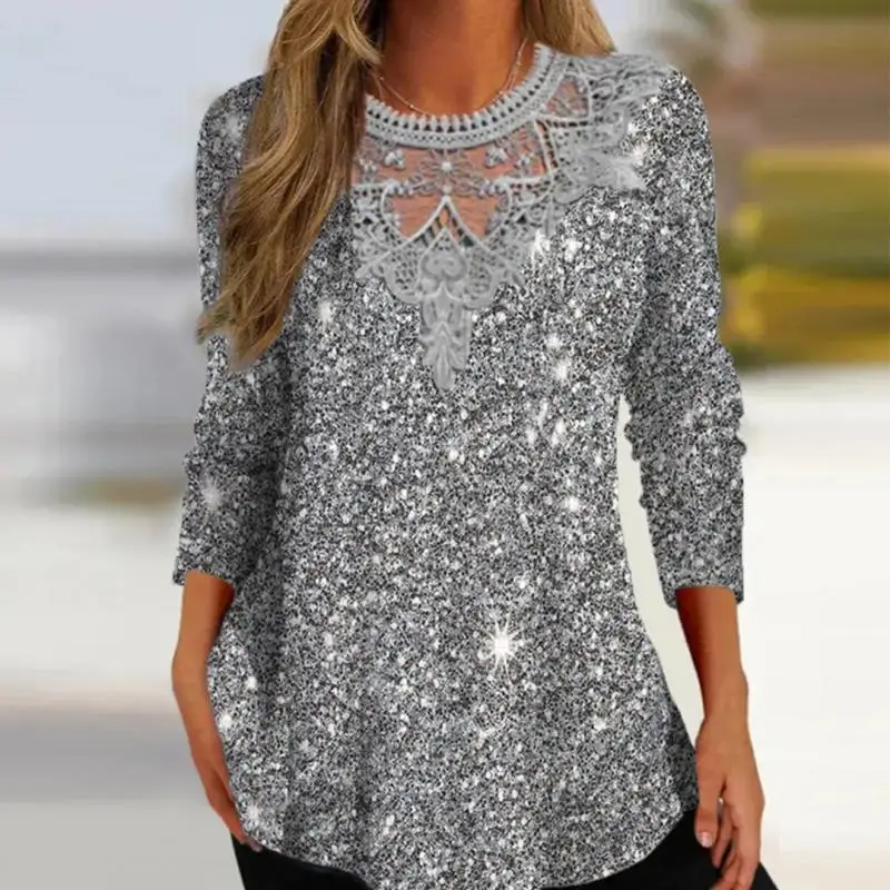 

Plus Size Women Long Sleeve Scoop Neck Printed Graphic Lace Tops