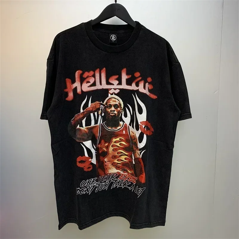 

2024ss Hell Star T Shirts For Women 1:1 High Quality Pure Cotton Oversized T Shirt Washed Black Men Clothing